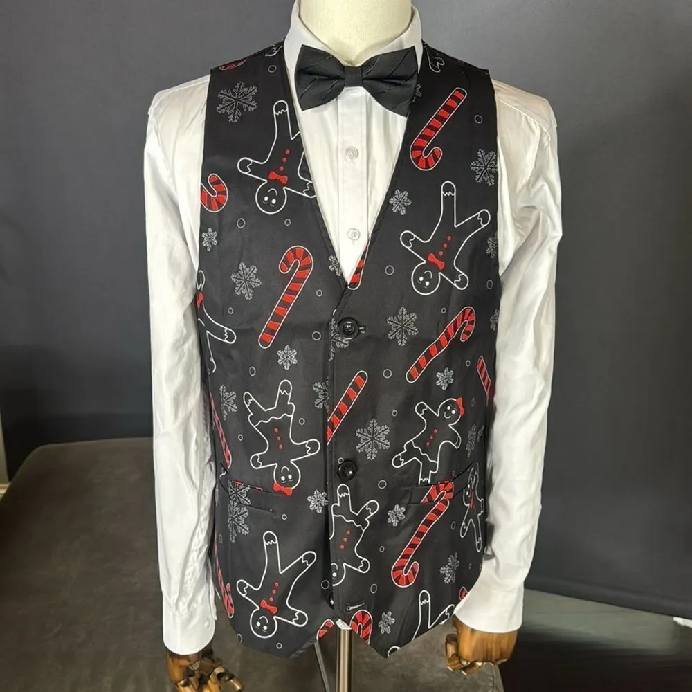 Festive Men’s Black & Red 3 Piece Suit Christmas Themed Size M 36 Jacket 32 Pant